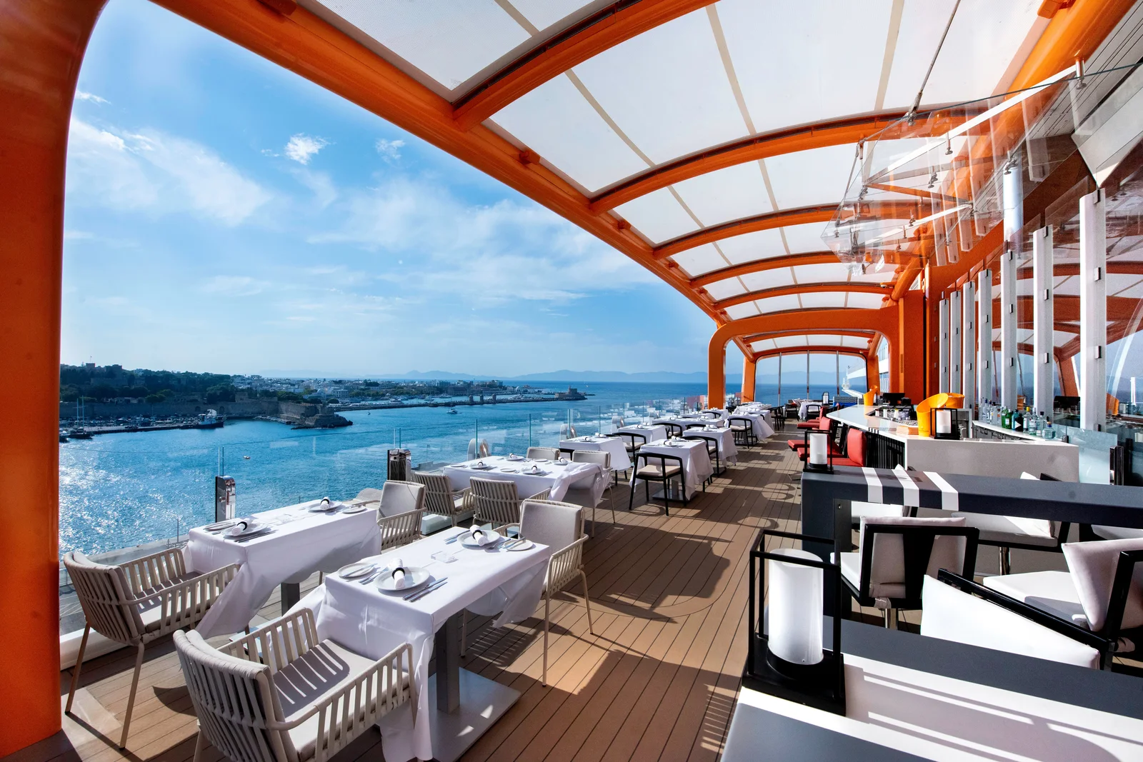 Magic Carpet cantilevered restaurant extending over the ocean on Celebrity Ascent